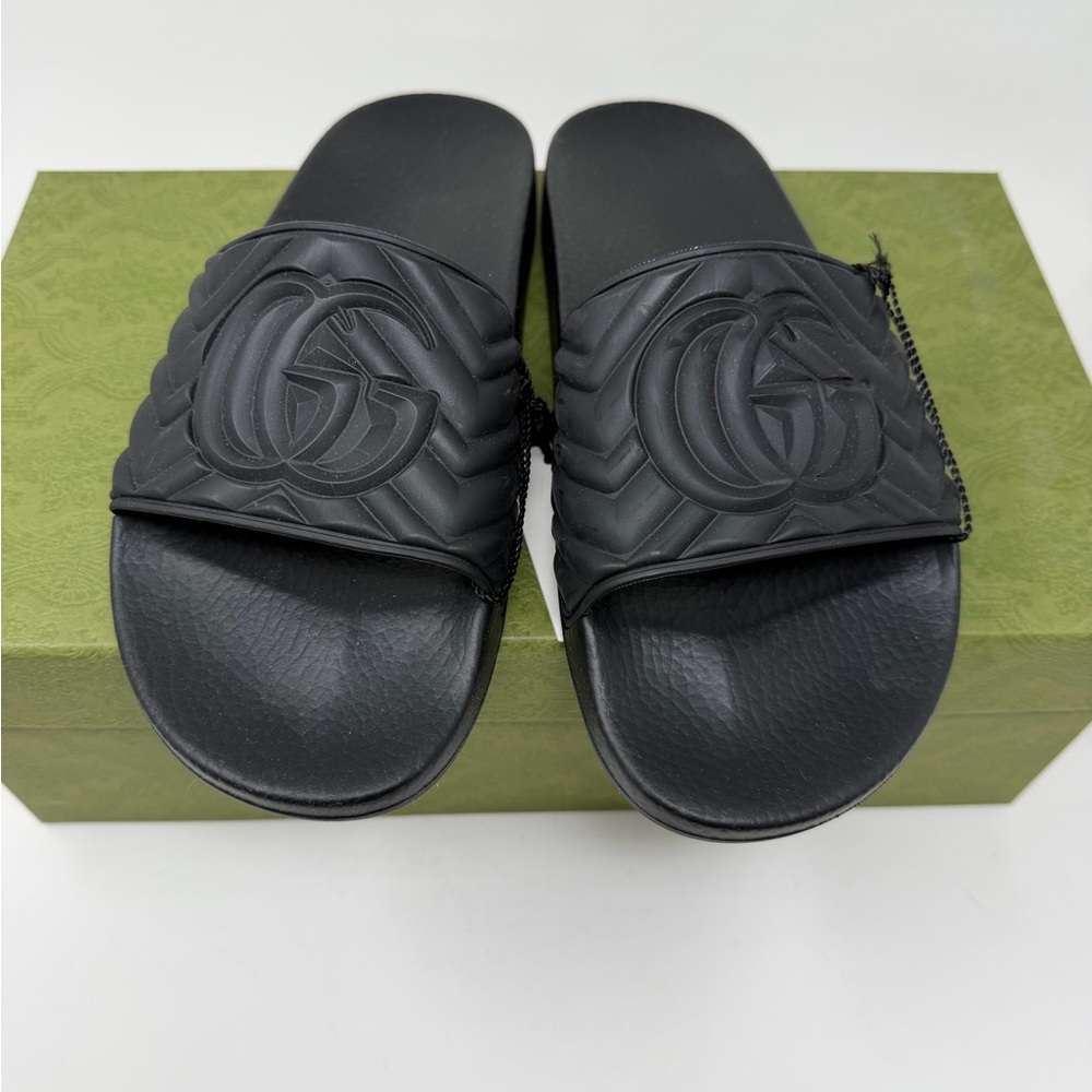 Gucci Black Slide Sandals Embossed Logo